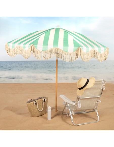 Parasol de plage 8 baleines, 200 cm, rayures émeraude avec franges