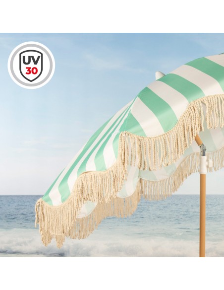 Parasol de plage 8 baleines, 200 cm, rayures émeraude avec franges