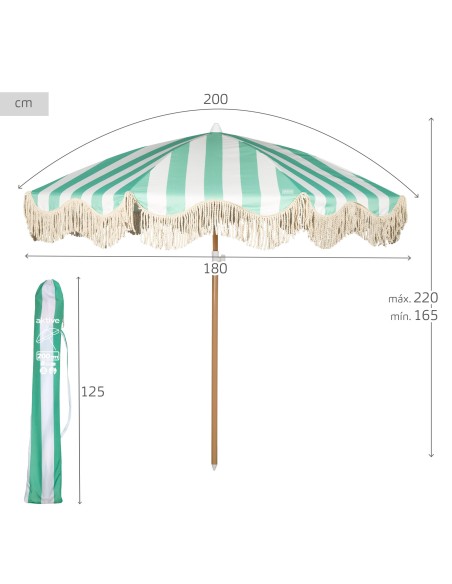 Parasol de plage 8 baleines, 200 cm, rayures émeraude avec franges