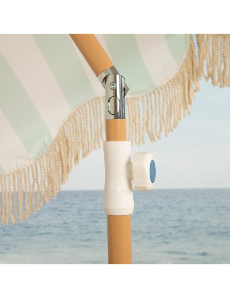 Parasol de plage 8 baleines, 200 cm, rayures émeraude avec franges