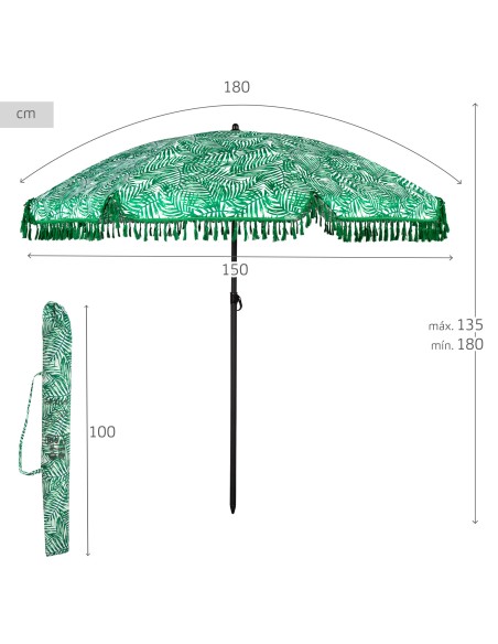 Parapluie de plage 8 tiges 180 cm feuilles avec franges