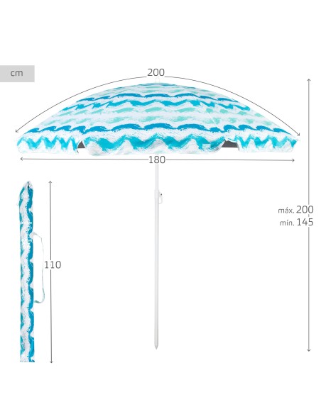 Parapluie de plage 8 cannes 200 cm vagues