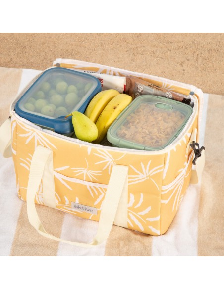 Glacière souple 16L avec double poignée et 3 poches, motif tropical jaune