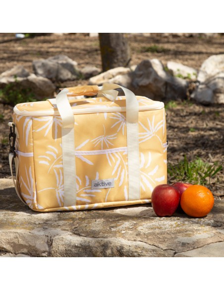 Glacière souple 16L avec double poignée et 3 poches, motif tropical jaune