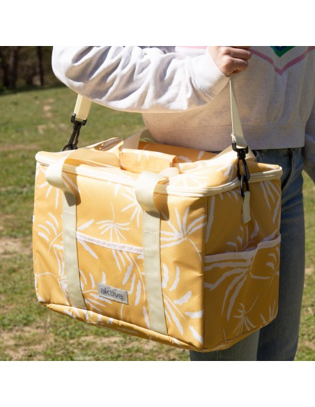 Glacière souple 16L avec double poignée et 3 poches, motif tropical jaune