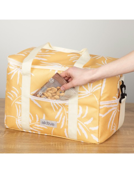 Glacière souple 16L avec double poignée et 3 poches, motif tropical jaune
