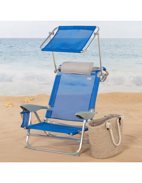 Chaise de plage basse multiposition 47x43x67 cm bleu avec parasol