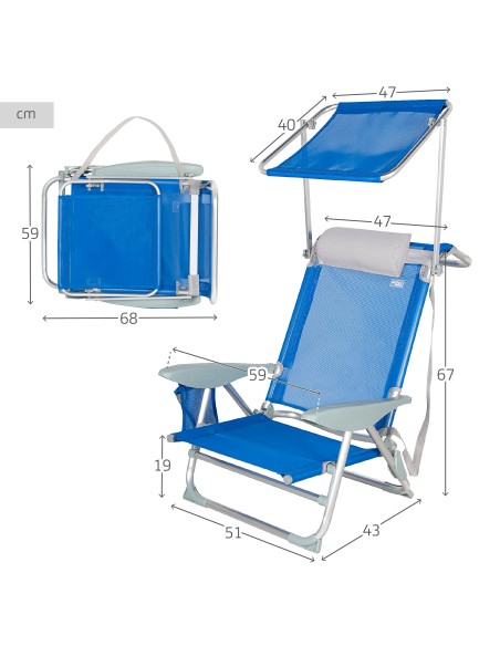 Chaise de plage basse multiposition 47x43x67 cm bleu avec parasol