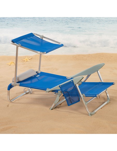 Chaise de plage basse multiposition 47x43x67 cm bleu avec parasol