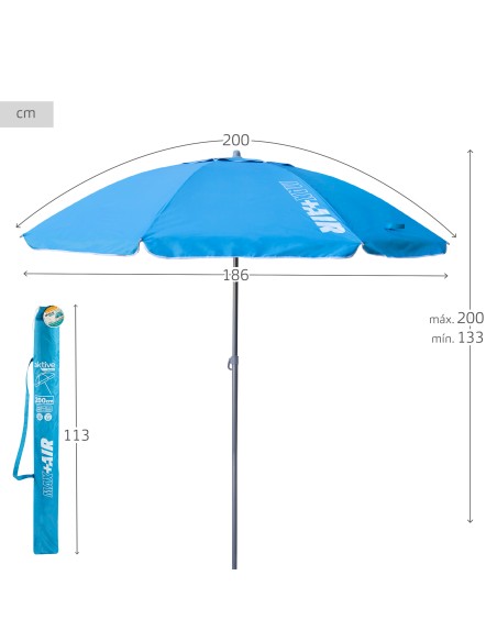 Pack 2 chaises de plage basse multiposition et parapluie de plage coupe-vent 200 cm bleu