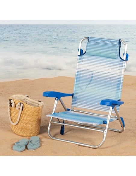 Pack 2 chaises de plage basse multiposition et parapluie de plage coupe-vent 200 cm bleu