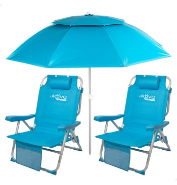 Pack 2 chaises de plage basse multiposition et parapluie...