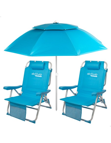 Pack 2 chaises de plage basse multiposition et parapluie de plage coupe-vent 200 cm bleu