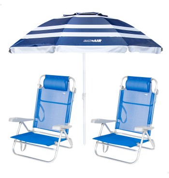 Pack 2 chaises de plage pliantes bleues avec appui-tête +...