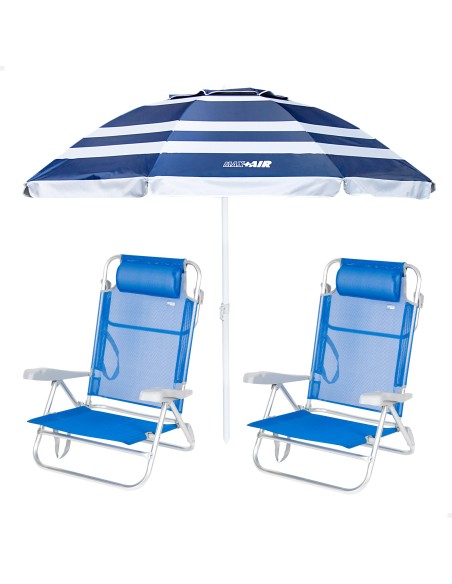 Pack 2 chaises de plage pliantes bleues avec appui-tête + parasol coupe-vent 200 cm à rayures