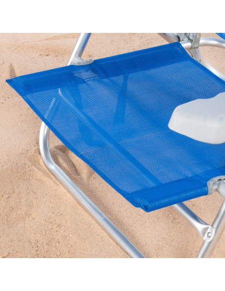 Pack 2 chaises de plage pliantes bleues avec appui-tête + parasol coupe-vent 200 cm à rayures