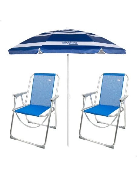 Pack de 2 chaises de plage pliantes fixes + parasol 180 cm bleu foncé