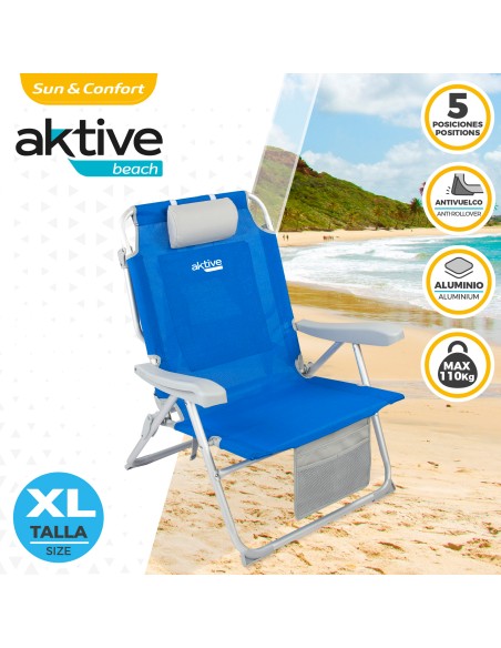 Pack de 2 chaises de plage pliantes XXL bleues avec appui-tête et poches + parasol 220 cm Twister