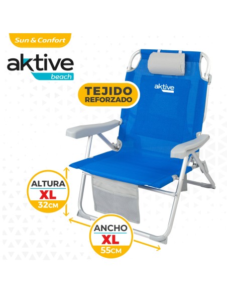 Pack de 2 chaises de plage pliantes XXL bleues avec appui-tête et poches + parasol 220 cm Twister