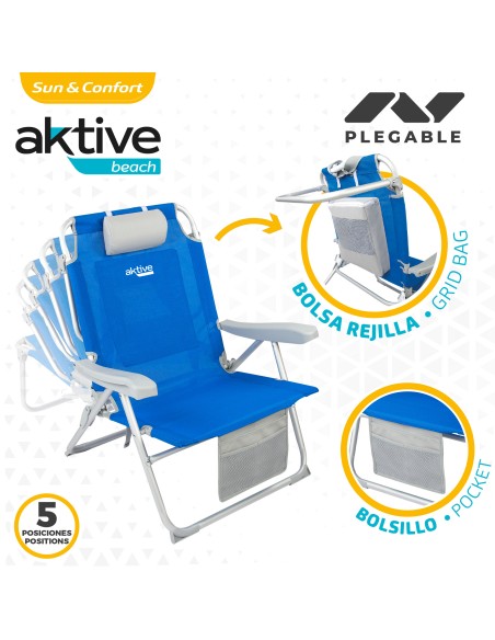 Pack de 2 chaises de plage pliantes XXL bleues avec appui-tête et poches + parasol 220 cm Twister