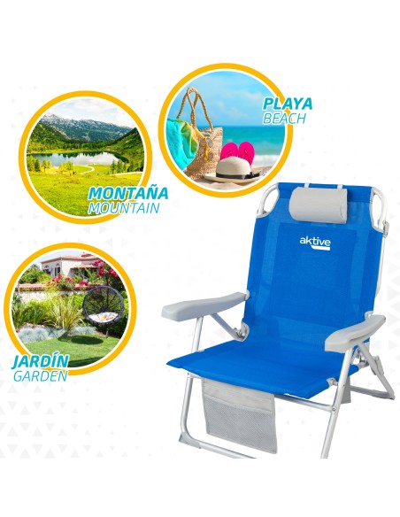 Pack de 2 chaises de plage pliantes XXL bleues avec appui-tête et poches + parasol 220 cm Twister