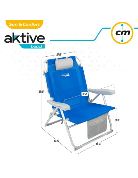 Pack de 2 chaises de plage pliantes XXL bleues avec appui-tête et poches + parasol 220 cm Twister