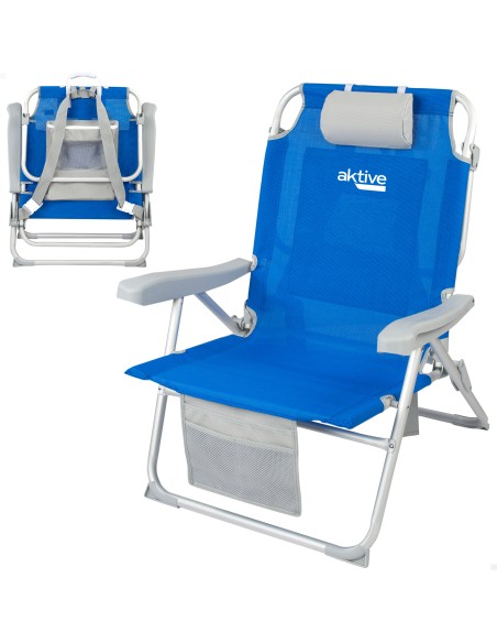 Pack de 2 chaises de plage pliantes XXL bleues avec appui-tête et poches + parasol 220 cm Twister