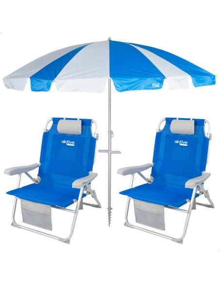 Pack de 2 chaises de plage pliantes XXL bleues avec appui-tête et poches + parasol 220 cm Twister