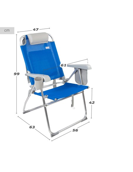Pack 2 chaises de plage pliantes bleues avec appui-tête et poches + parasol 200 cm Twister