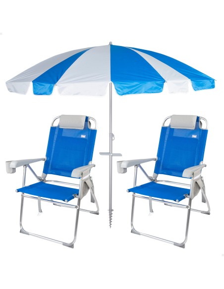 Pack 2 chaises de plage pliantes bleues avec appui-tête et poches + parasol 200 cm Twister