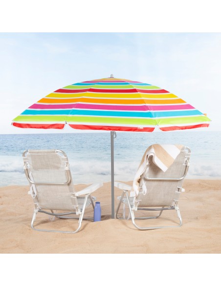 Pack de 2 chaises de plage pliantes beiges avec appui-tête + parasol 200 cm multicolore