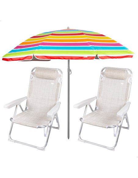 Pack de 2 chaises de plage pliantes beiges avec appui-tête + parasol 200 cm multicolore