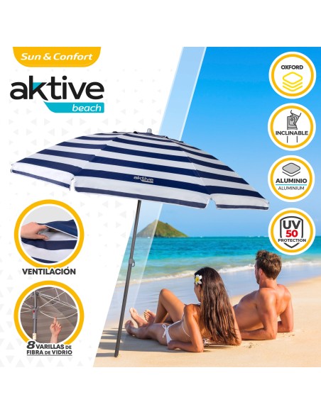 Pack de 2 chaises de plage pliantes bleu marine avec table d’appoint + parasol coupe-vent 220 cm à rayures