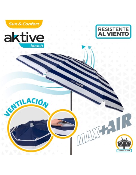 Pack de 2 chaises de plage pliantes bleu marine avec table d’appoint + parasol coupe-vent 220 cm à rayures