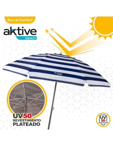 Pack de 2 chaises de plage pliantes bleu marine avec table d’appoint + parasol coupe-vent 220 cm à rayures
