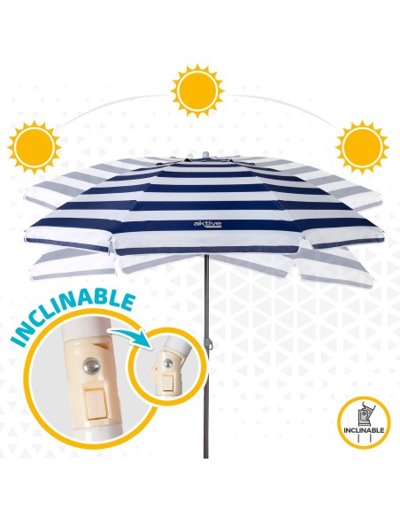 Pack de 2 chaises de plage pliantes bleu marine avec table d’appoint + parasol coupe-vent 220 cm à rayures