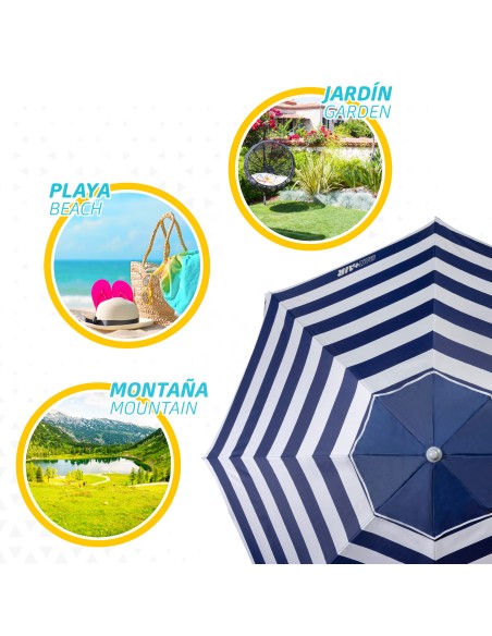 Pack de 2 chaises de plage pliantes bleu marine avec table d’appoint + parasol coupe-vent 220 cm à rayures