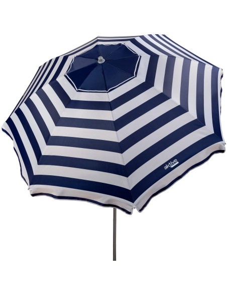 Pack de 2 chaises de plage pliantes bleu marine avec table d’appoint + parasol coupe-vent 220 cm à rayures