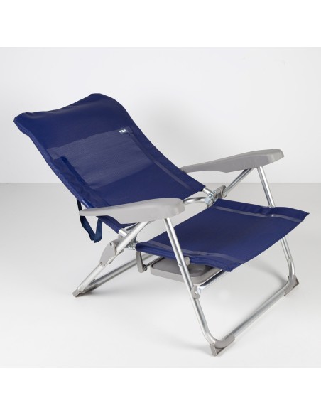 Pack de 2 chaises de plage pliantes bleu marine avec table d’appoint + parasol coupe-vent 220 cm à rayures