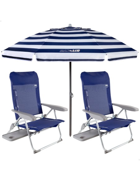 Pack de 2 chaises de plage pliantes bleu marine avec table d’appoint + parasol coupe-vent 220 cm à rayures