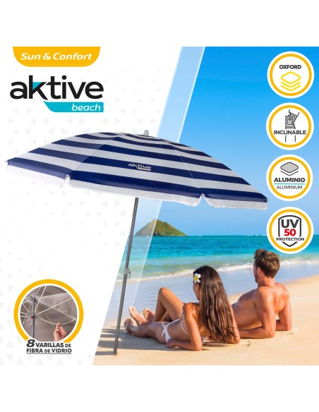 Pack de 2 chaises de plage pliantes bleu marine + parasol 180 cm à rayures