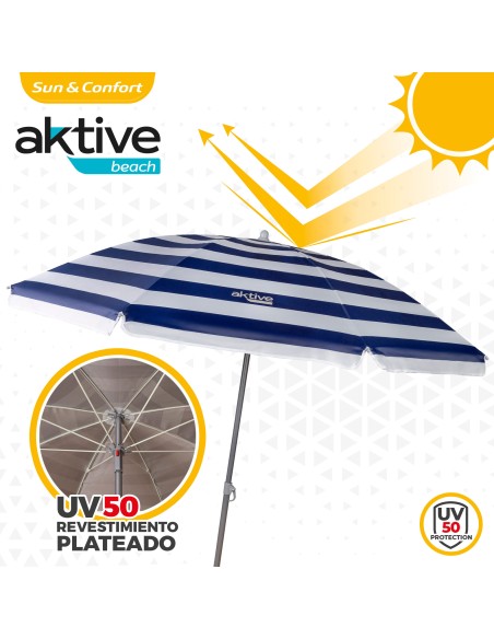 Pack de 2 chaises de plage pliantes bleu marine + parasol 180 cm à rayures