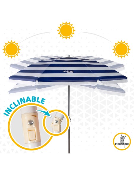 Pack de 2 chaises de plage pliantes bleu marine + parasol 180 cm à rayures
