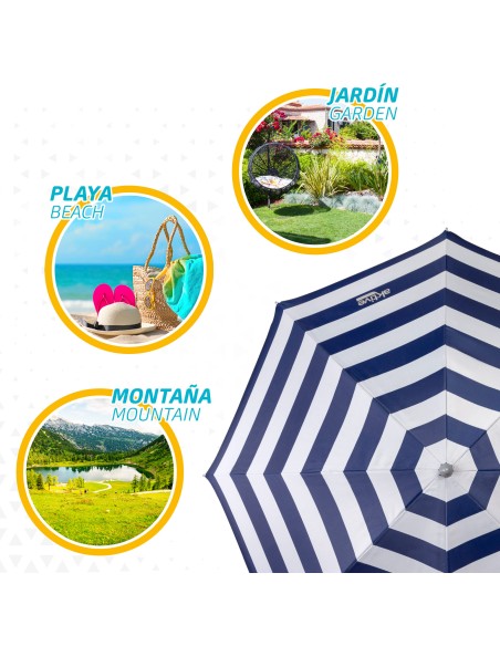 Pack de 2 chaises de plage pliantes bleu marine + parasol 180 cm à rayures