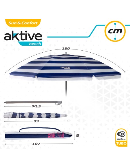 Pack de 2 chaises de plage pliantes bleu marine + parasol 180 cm à rayures