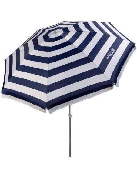 Pack de 2 chaises de plage pliantes bleu marine + parasol 180 cm à rayures