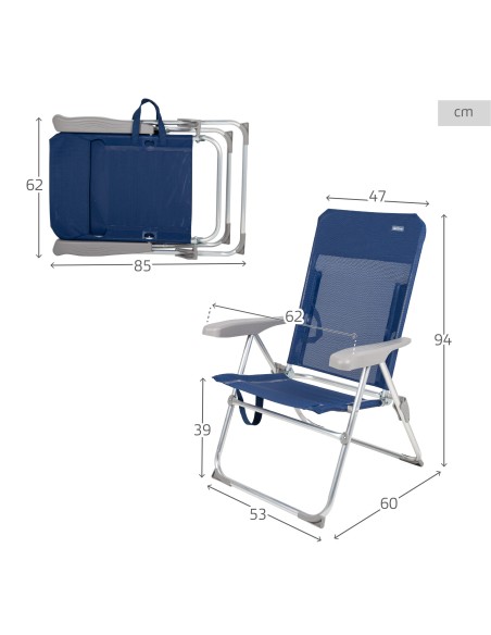 Pack de 2 chaises de plage pliantes bleu marine + parasol 180 cm à rayures