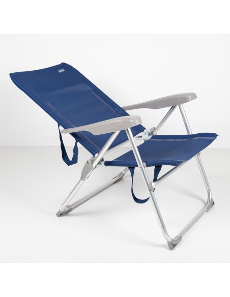 Pack de 2 chaises de plage pliantes bleu marine + parasol 180 cm à rayures