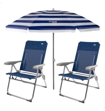 Pack de 2 chaises de plage pliantes bleu marine + parasol...