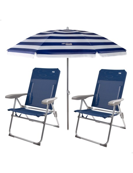 Pack de 2 chaises de plage pliantes bleu marine + parasol 180 cm à rayures